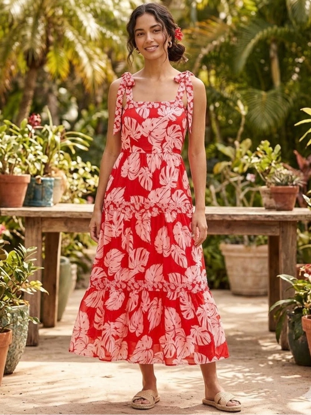 Harlow & Rose Boho Red Resort Tropical Monstera Leaf Tiered Maxi Dress Size M